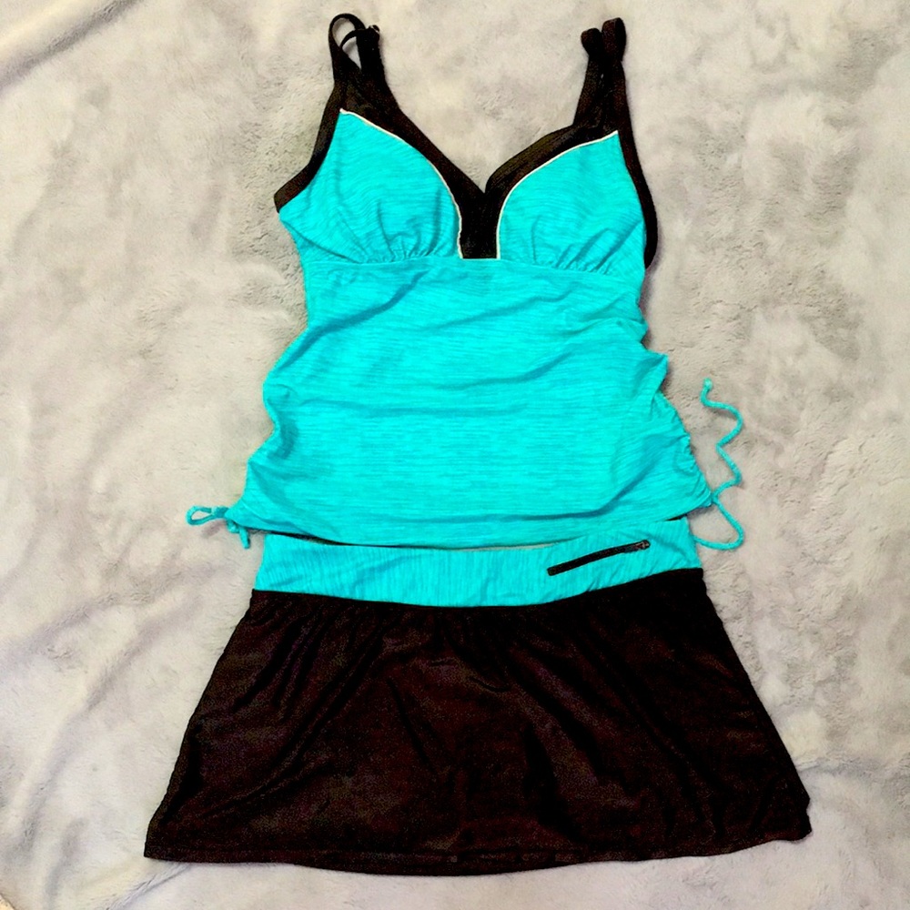 Turquoise and Black Women’s Tankini Swim Dress